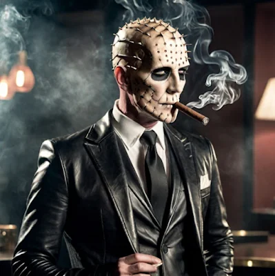 Pinhead wearing a black leather blazer with a vest underneath smoking a cigar from the side angle waist up