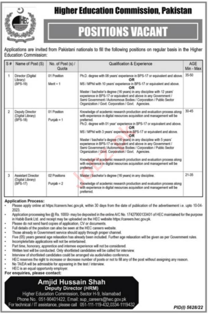 Higher Education Commission HEC Management Posts Islamabad 2023