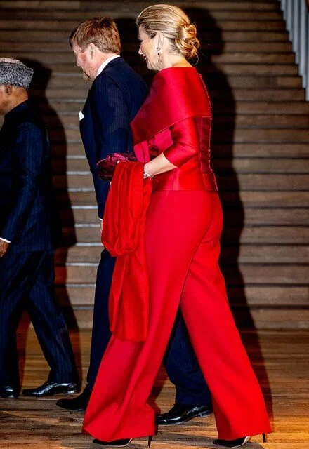 President Ram Nath Kovind and Savita Kovind. Queen Maxima wore a red outfit (Red satin top and red wide leg pants) by Natan