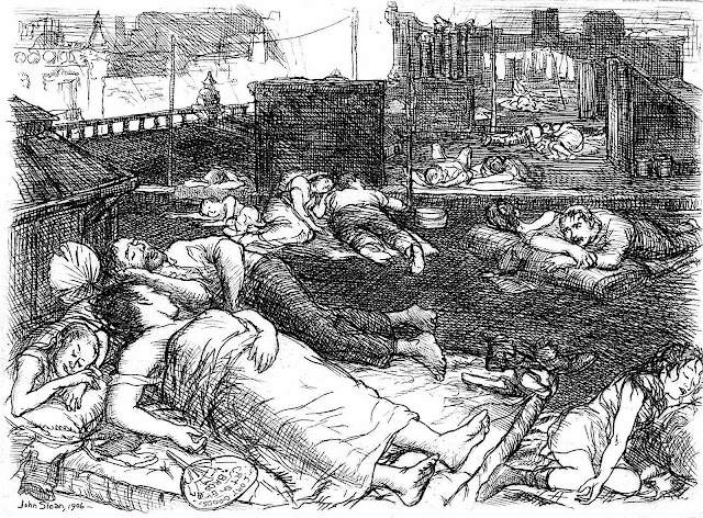 a John Sloan print USA, people sleeping on rooftops on a very hot night