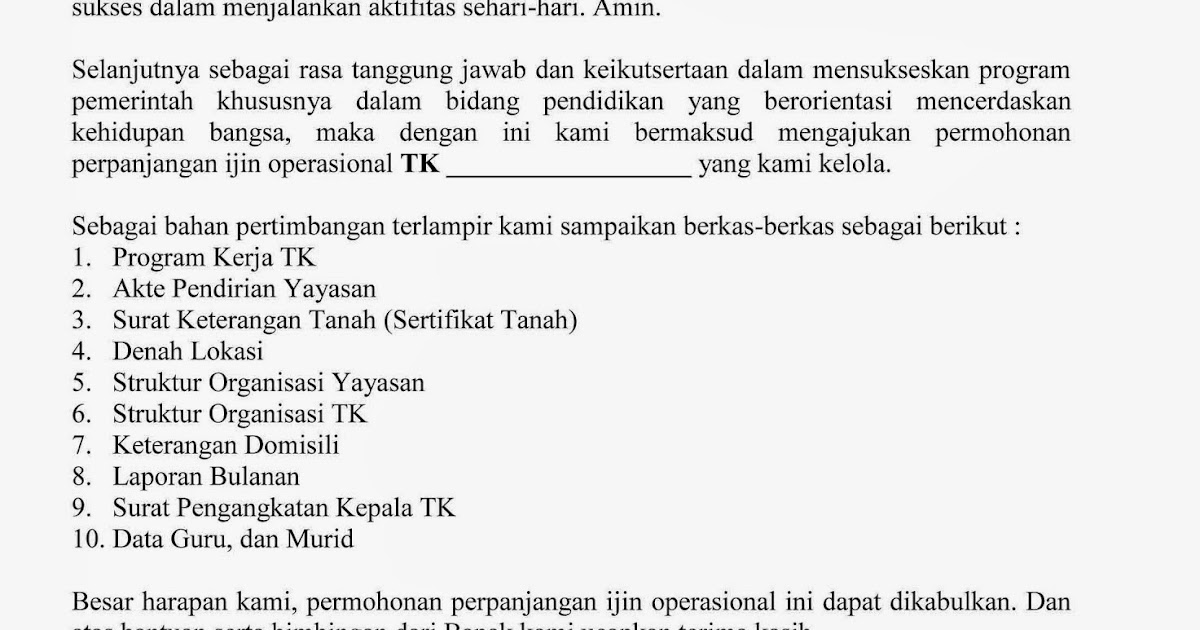 Contoh Surat Permohonan Perpanjangan Izin Operasional TK 