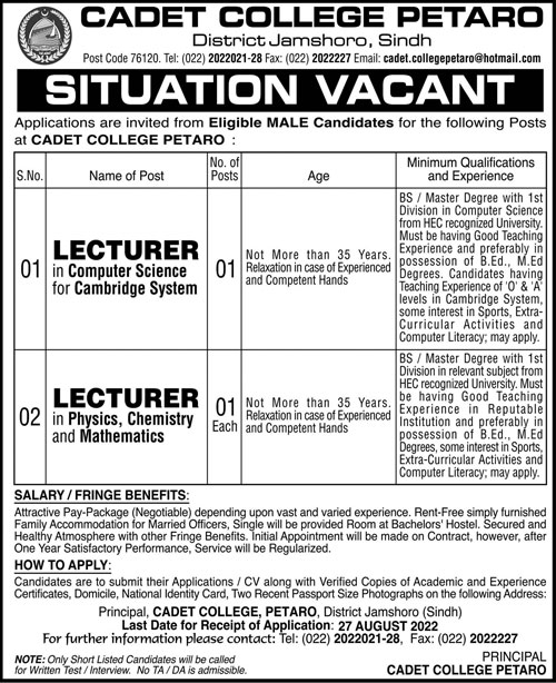 Latest Cadet College Petaro Education Posts Jamshoro 2022