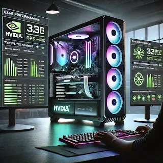 A high-performance gaming PC setup with an NVIDIA and AMD GPU side by side. The image features a sleek desktop tower with RGB lighting