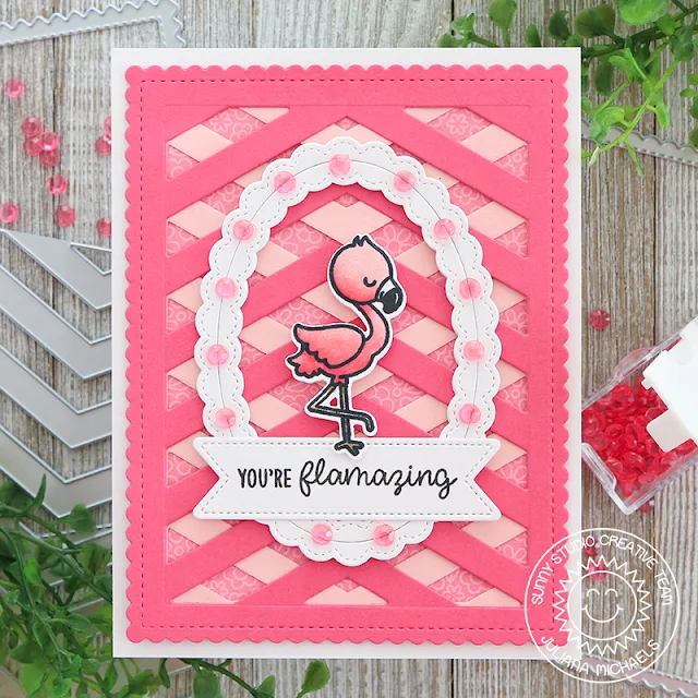 Sunny Studio Stamps: Frilly Frames Dies Fancy Frames Dies Fabulous Flamingos Happy Word Cards by Angelica Conrad and Juliana Michaels