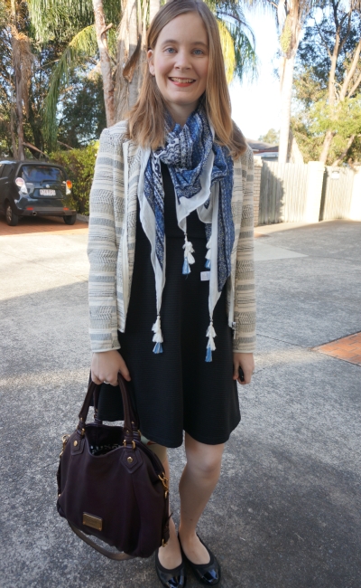Away From Blue | Spring Office wear LBD fit and flare jacquard blazer printed scarf flats