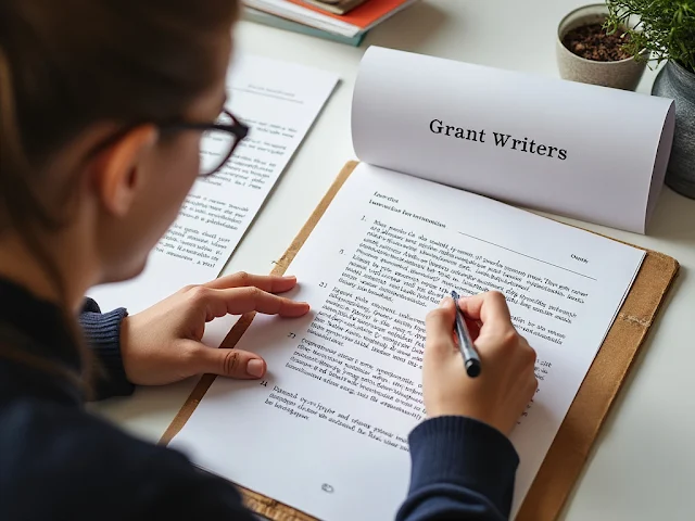 A grant writer developing a proposal narrative with elements such as a compelling introduction, precise problem definition, detailed project solution, projected impact, and organizational strengths. Visuals include a story arc and a mix of data and emotional appeal.