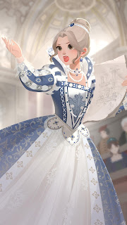 Anais as Minette in a Baroque blue and white brocade gown