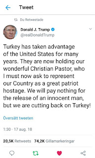 jag älskar att vi ÄNTLIGEN har en amerikansk president som förstår Turkiet - och agerar korrekt! Älskar att USAs president inte beter sig som en ryggradslös politiker från svenska politiska partiet - som Obama - att de (USA) har en president som talar klarspråk och inte låter sig utpressas av fascister!