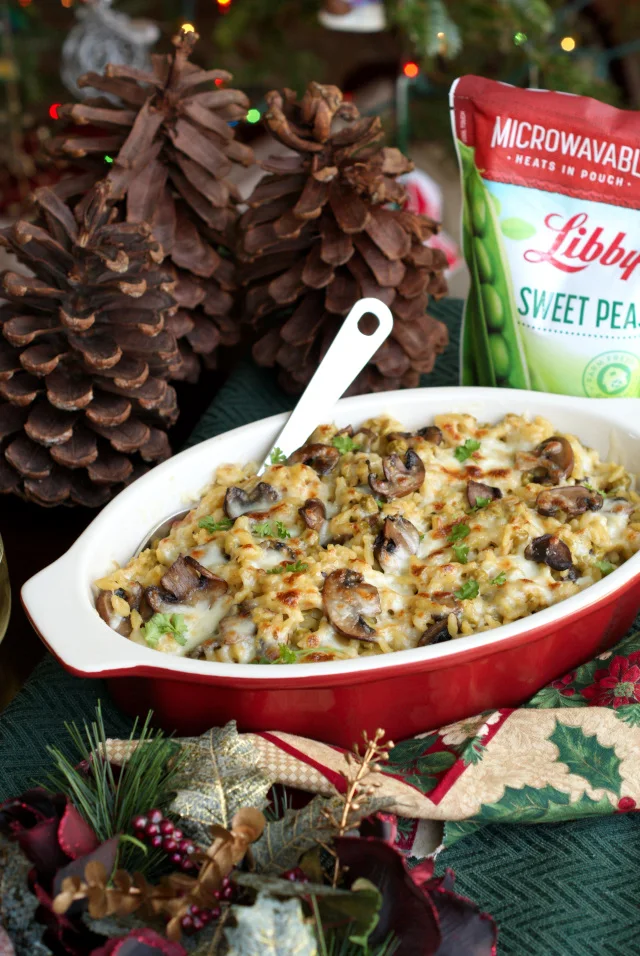 Cheesy Mushroom and Pea Orzo that is made with three kinds of cheese, baby bellas, and Libby's Sweet Peas is a delicious casserole perfect for serving on holidays or with Sunday dinner.  #AD @LibbysTable