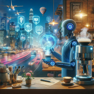 A cozy futuristic café where a robot barista brews coffee while holographic travel guides help solo travelers explore smart cities powered by AI