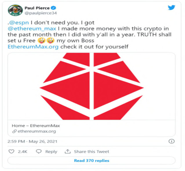 tweet from Paul Pierce claiming he made more money from Ethereum than from ESPN