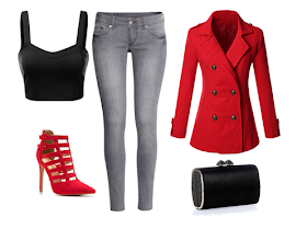 look vaquero gris, bustier crop top negro, sandalia abotinada roja, chaquetón cruzado doble botonadura rojo y clutch negro con brillos