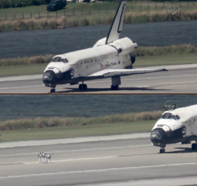 Shuttle Discovery: Stopped on the runway. Technical teams waiting for dissipation of gases. NASA, 2011.