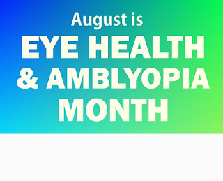 Blue to green gradient background with the words August is Eye Health and Amblyopia Month