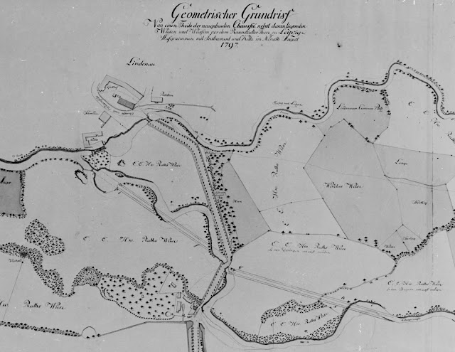 Geometrischer Grundriss  Von einem Theile der neugebauten Chaussee, nebst daran liegenden  Wiesen und Wassern vor dem Rannstädter Thore zu Leipzig.  Aufgenommen mit den Instrument und Kette im Monat August  1797.