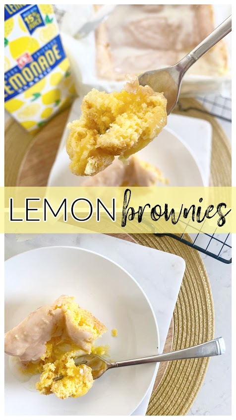 Collage of lemon brownies, a bite on a fork and a brownie on a white dinner plate.