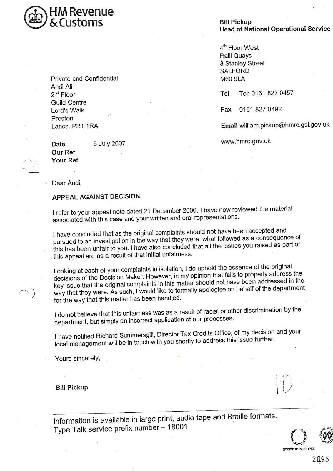 Hmrcleaks Blog Of A Civil Service Whistleblower In Her Majesty S Revenue And Customs Hmrc Bill Pickup Hmrc Head Of National Operational Service Letter To Hmrc Manager Anthony Stansfield Dated 5 July