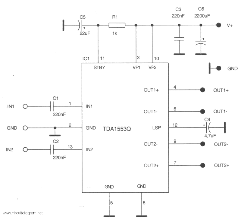 Car Stereo Audio Amplifier with TDA1553CQ Circuit Diagram