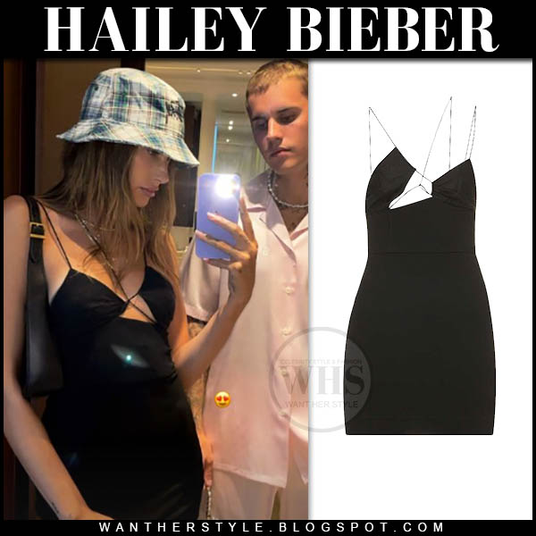 Hailey Bieber in black asymmetric mini dress