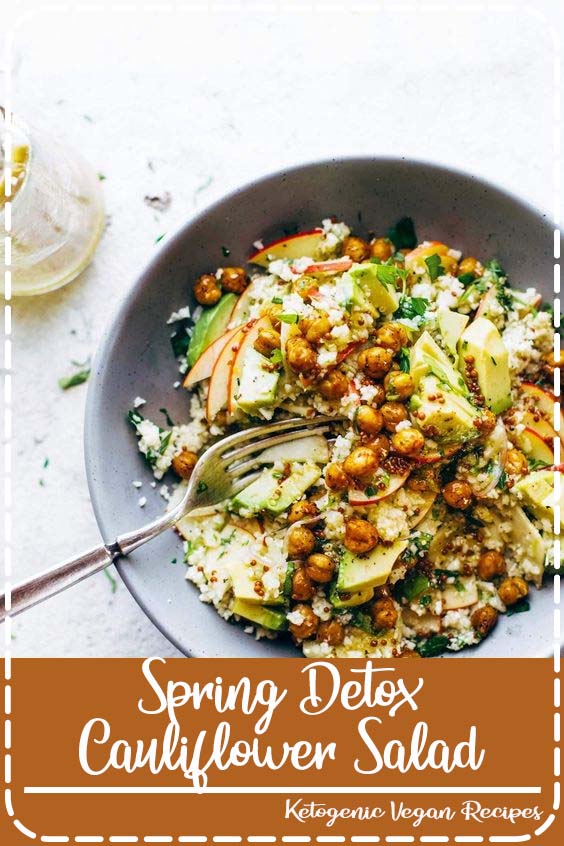 Spring Detox Cauliflower Salad: with *raw* cauli rice, roasted chickpeas, apples, avocado, shallots, herbs, and a two-second sweet mustard dressing. gluten free, vegan, delicious. #vegetarian #healthy #glutenfree #sugarfree #vegan #cleaneating
