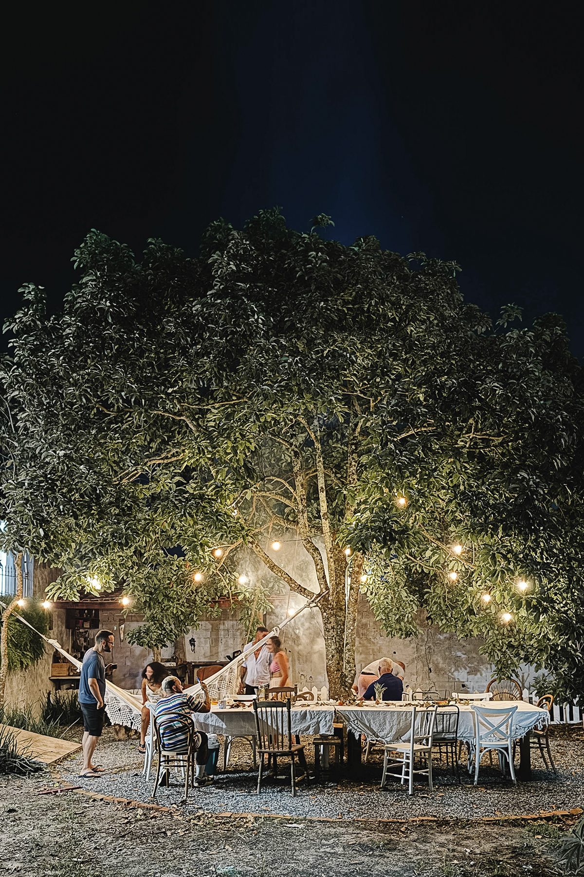 jantar no quintal casa de praia varal de luzes, festão, mesa no jardim