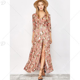 Button Front Floral Print Maxi Dress