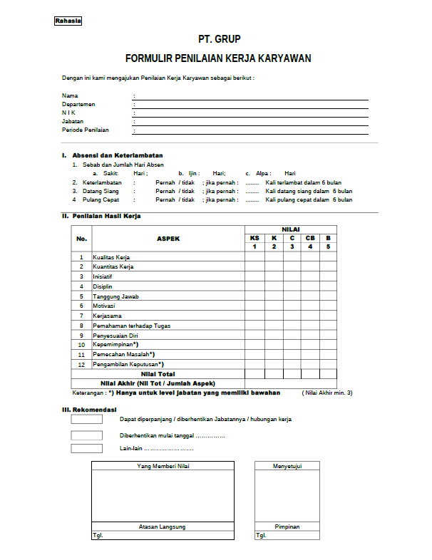 Formulir Penilaian Kinerja Karyawan ( Employee Performance 