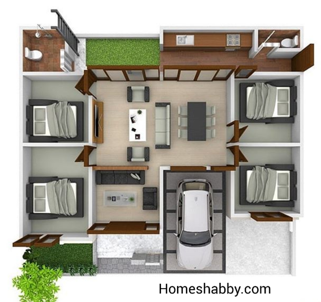 Desain Dan Denah Rumah Ukuran 12 X 10 M Terdapat 4 Kamar Tidur Serta Dapur Semi Outdoor Yang Segar Homeshabbycom Design Home Plans