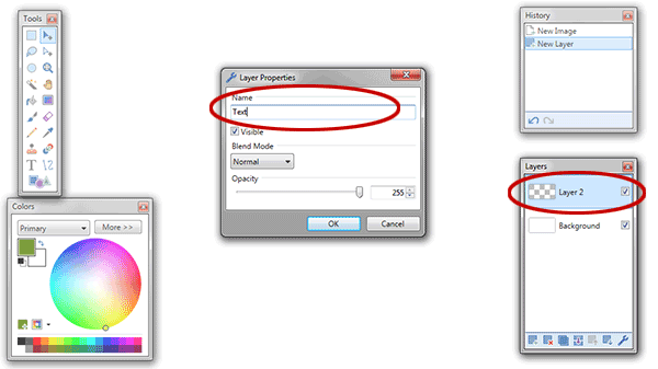 Double click Layer 2 in the Layers Window then enter a new name like “Text”.