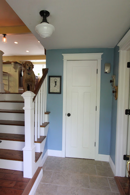 Benjamin Moore Labrador Blue paint with Allen and Roth schoolhouse light in foyer - www.goldenboysandme.com