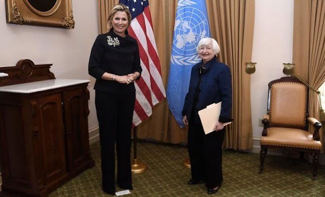 Queen Maxima met with U.S. Treasury Secretary, Janet Yellen. Queen Maxima wore a black top and black trousers by Nata