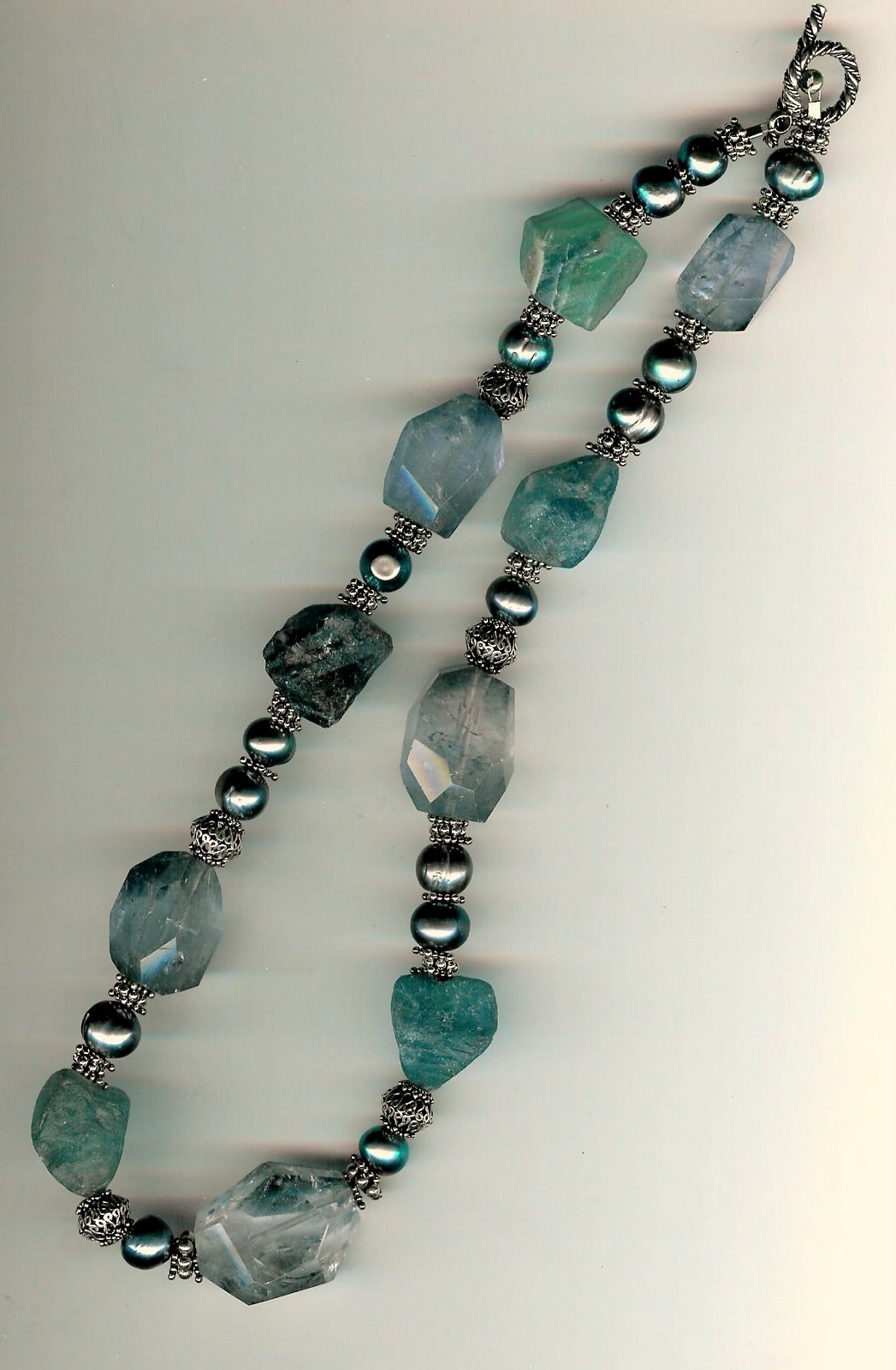 103.  Rugged and cut Fluorite,  Freshwater pearls with Bali Sterling Silver