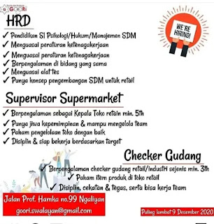 Loker hrd, supervisor, cheker gudang