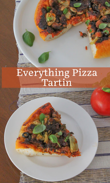 Food Lust People Love: This Everything Pizza Tartin aka Upside Down Pizza is baked with the crust on top, so you can load up on "toppings" like Italian sausage, onion, artichokes, jalapeños and olives and still have a crunchy crust.