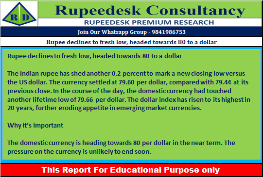 Rupee declines to fresh low, headed towards 80 to a dollar - Rupeedesk Reports - 13.07.2022