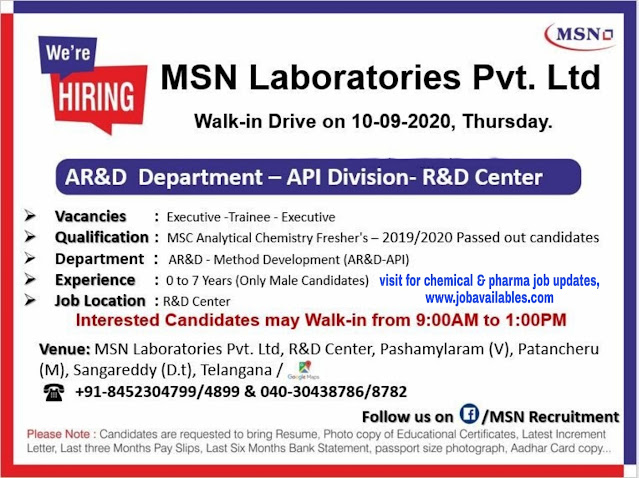 Job Availables, MSN Laboratories Interview For Freshers & Experienced MSc Analytical Chemistry/ Organic Chemistry