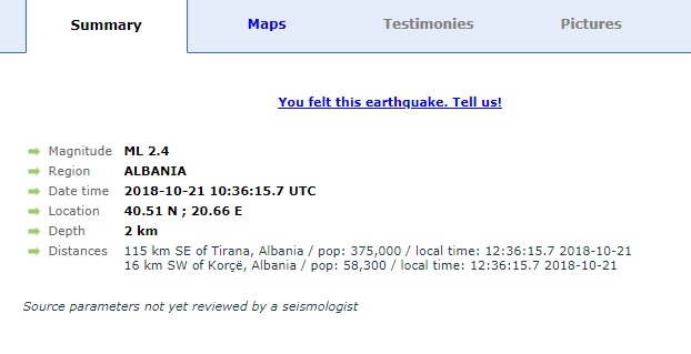 Earthquakes in Southeast Albanian within hours