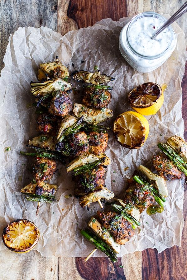 spring veggie & lemon moroccan chicken skewers from Half Baked Harvest