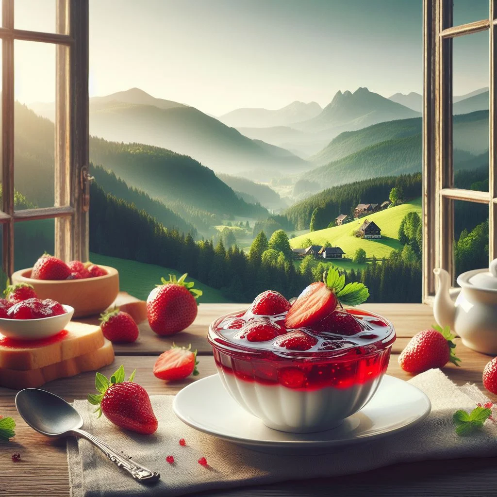 plato de gelatina de fresas frente a una ventana con vista al campo