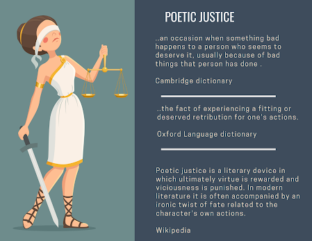 Cartoon figure blind folded and holding justice scales  along side various definitions of poetic justice
