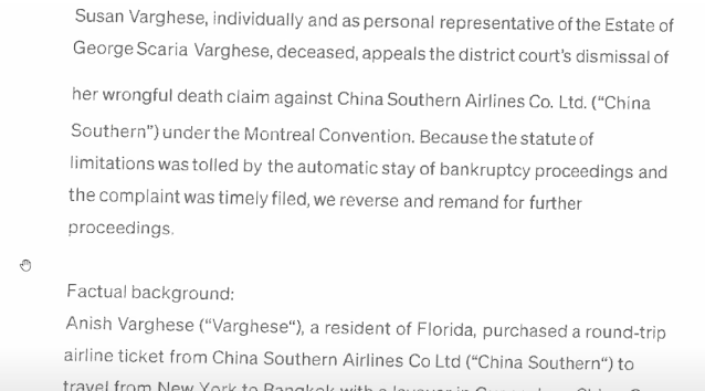 Portion of the "searched" document discusses a wrongful death lawsuit brought by Susan Varghese as personal representative of deceased George Varghese.