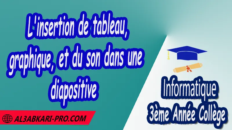 L'insertion de tableau, graphique, et du son dans une diapositive - Unité 2 : la présentation assistée par ordinateur , Informatique de 3 ème Année Collège 3AC , Informatique 3APIC , Cours de informatique 3ème Année Collège , Résumés de cours de l'informatique 3ème Année Collège , Exercices corrigés de Informatique 3ème Année Collège , Fiches pédagogiques de Informatique , Devoirs corrigés de Informatique 3ème Année Collège , Contrôle corrigé de de Informatique , La typologie des réseaux , la présentation assistée par ordinateur , La programmation Logo , La recherche documentaire sur le Web , 3ème Année du cycle Secondaire collégial , 3ème année collège , Documents de l'informatique 3ème année collège pdf et word , Informatique 3ème année collège maroc , مادة الاعلاميات , دروس مادة المعلوميات وفق الدروس المقررة خلال الدورة الأولى والدورة الثانية بالسنة الثالثة إعدادي , ملخصات دروس مادة المعلوميات , الثالثة اعدادي