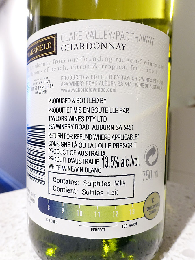 Wakefield Clare Valley Estate Chardonnay 2019 - Optimal Drinking Temperature Sensor