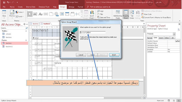 إضافة مجموعة خيارات option group من مجموعة الأدوات controls في برنامج الاكسيس Ms access