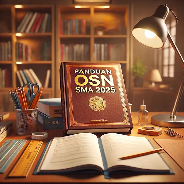 Buku panduan OSN SMA 2025 di atas meja belajar.