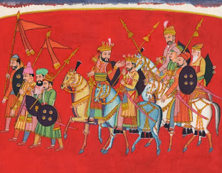 Sisupala with his retinue. Krishna’s cousin Sisupala became his implacable enemy after the beautiful Rukmini, his intended wife, was abducted by Krishna with her own connivance. He was eventually killed by Krishna. Garhwal painting, eighteenth century.