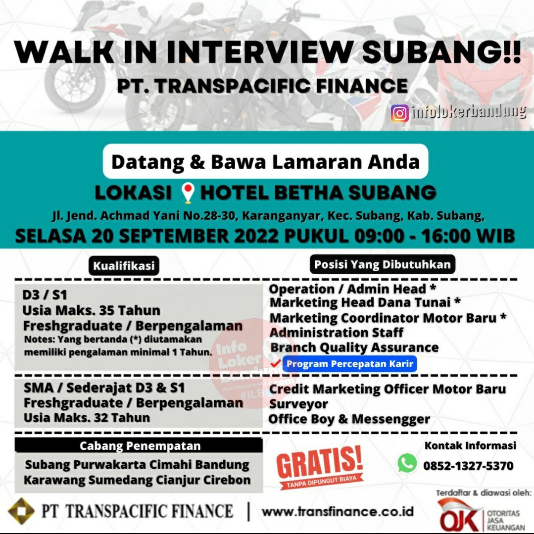 Walk In Interview Subang! PT. Transpacific Finance 20 September 2022