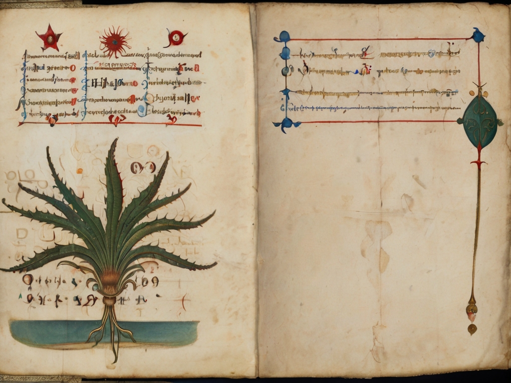 A mysterious and ancient-looking manuscript with cryptic symbols, symbolizing the Voynich Manuscript.