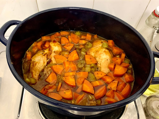 chicken casserole with carrots, celery, onions, gravy