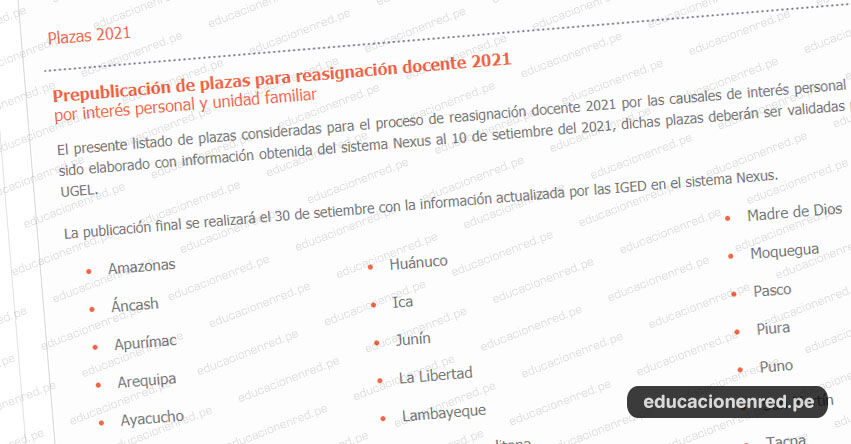 MINEDU: Prepublicación de Plazas para Reasignación Docente 2021 (Actualizado 15 Setiembre)